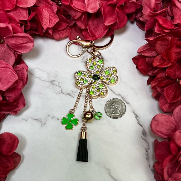 Green & Silver Crystal Four Leaf Clover Keychain with Tassel Charms - Picture 15 of 16